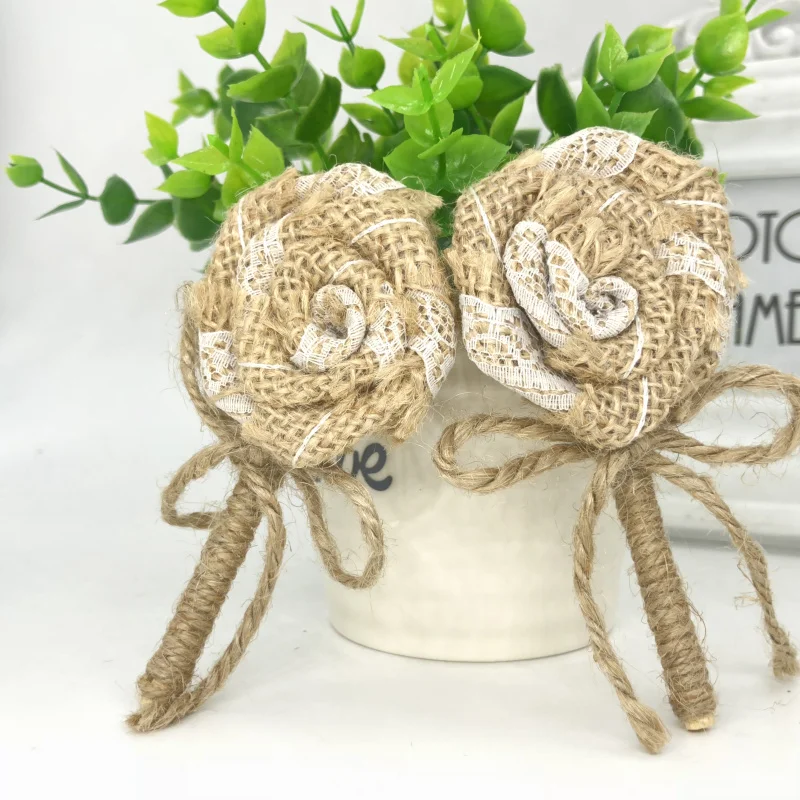 Лидер продаж 5 шт. Винтажный кружевной цветок из мешочной ткани с палкой и бантом