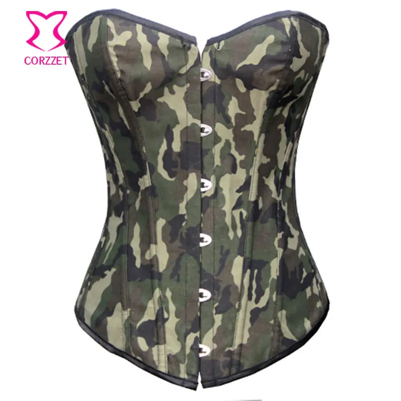 Корзет размера плюс армейский зеленый джинсовый камуфляж готический корсет