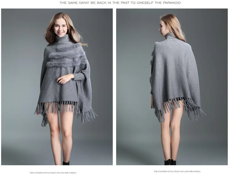 Новинка, пончо, feminino inverno femme, пончо и накидки, пальто с натуральным кроличьим мехом и кисточками, высокий воротник, capa mujer invierno