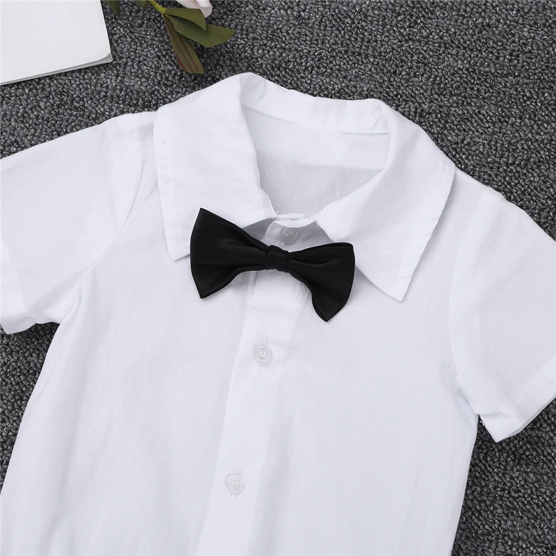 Infant Baby Boys Baptism Outfit Short Sleeve Lapel Jumpsuit with Bow Tie Suspender Linen Set party wedding birthday clothes |