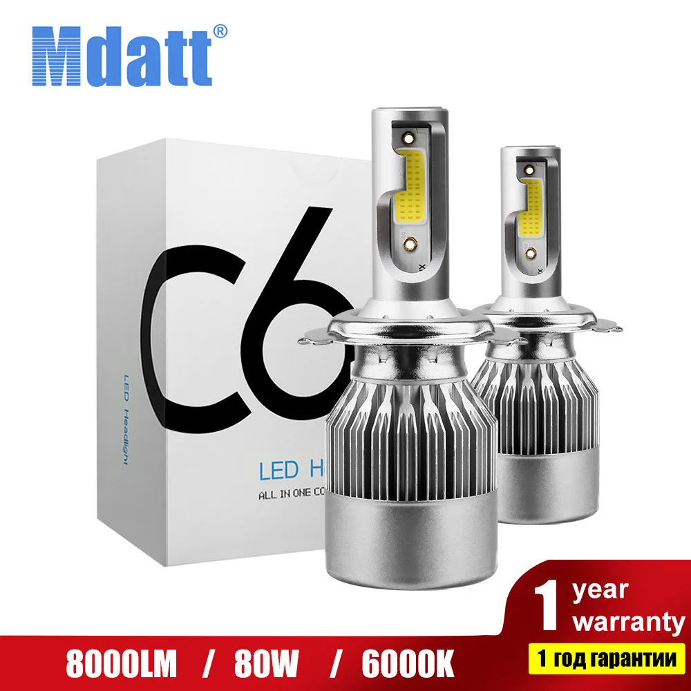 Светодиодный головной фонарь Mdatt C6 H4 H7 80 Вт 8000 лм COB H1 H11 9005/HB3 9006/HB4 6000 К противотуманный светильник|Передние