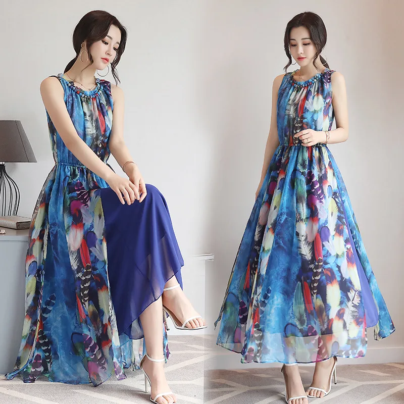 Женское шифоновое длинное платье с цветочным принтом Пляжное Платье-туника