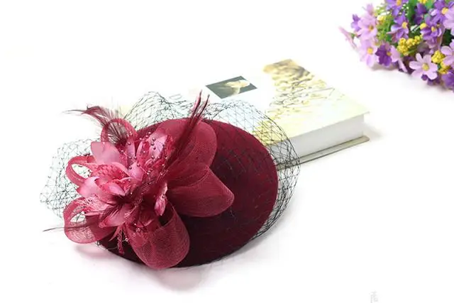 Wine Red Элегантные Свадебные шляпы и вуалетки женские свадебные шляпы для невесты с цветами женские головные уборы головной убор - Color: Wine Red