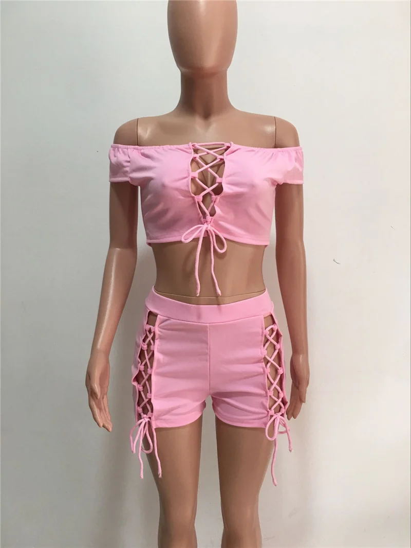 Розовый Bodycon Летний комбинезон Ползунки Для женщин костюм из двух предметов