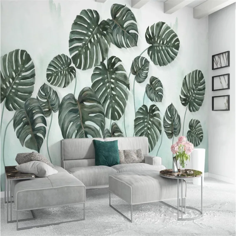 Home Improvement Green Leaf Mural Hand-painted Plant Watercolor Wallpapers for Living Room Bedroom Walls Decor Wall Paper 3D |