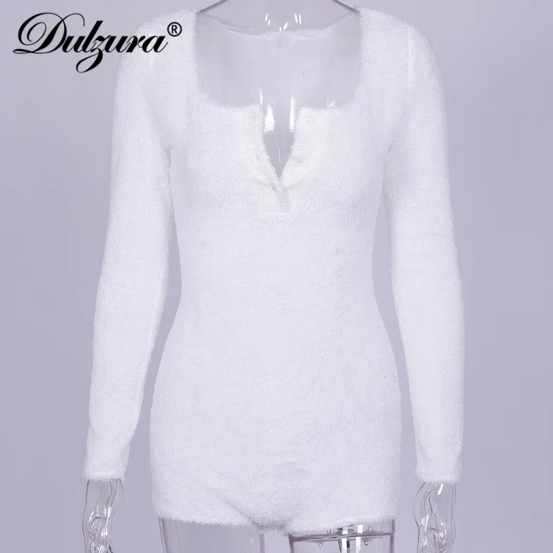 Dulzura 2019 Новинка весны для женщин playtsuit бархат с длинным рукавом bodycon Белый теплый