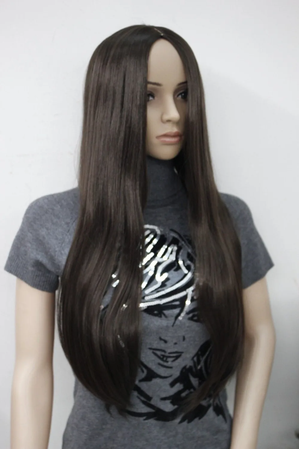 dd001848 New brown no bangs center skin part top synthetic women's straight long wig |