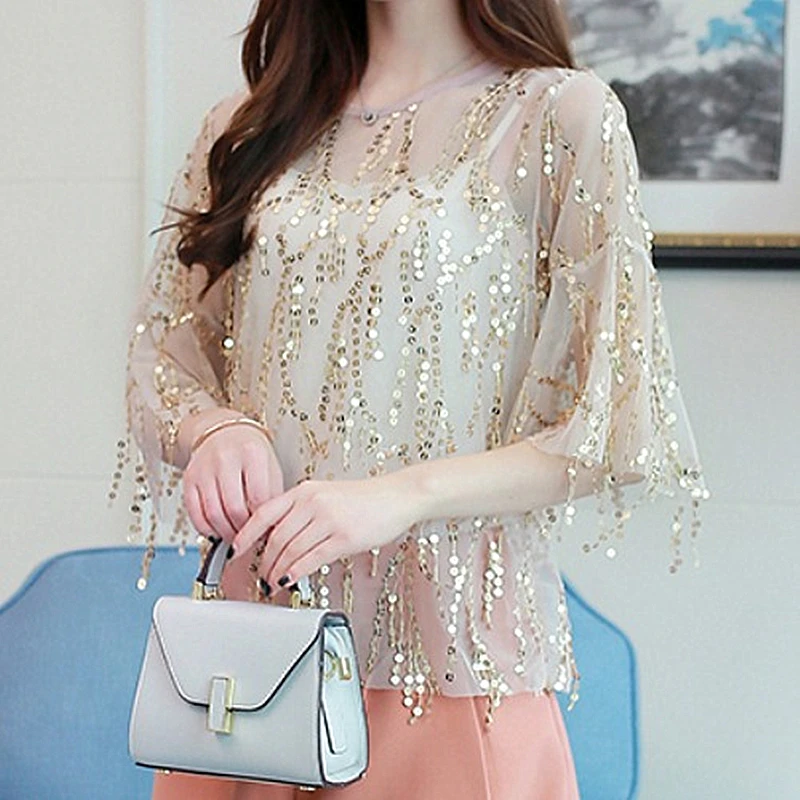 Рубашка женская летняя с коротким рукавом блестками сеточкой и кисточками |