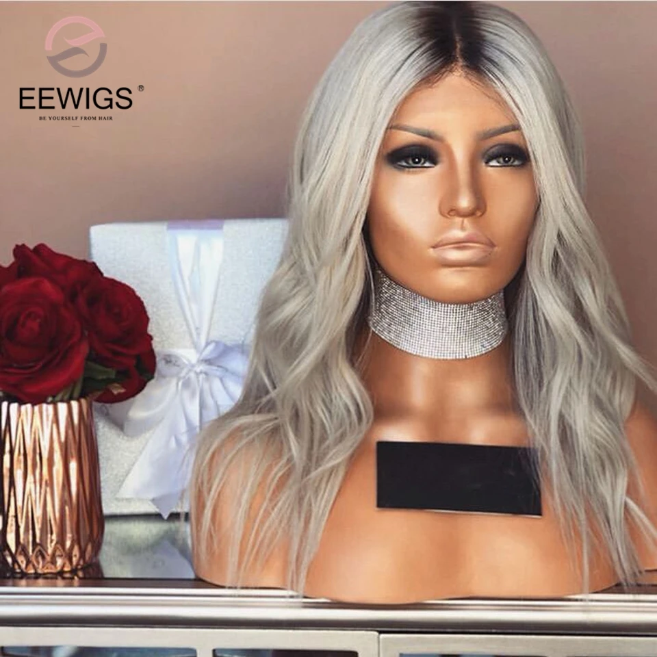 EEWIGS Омбре серый синтетический парик на кружеве с естественной линией волос Средняя часть термостойкие бесклеевые короткие волнистые парики для женщин
