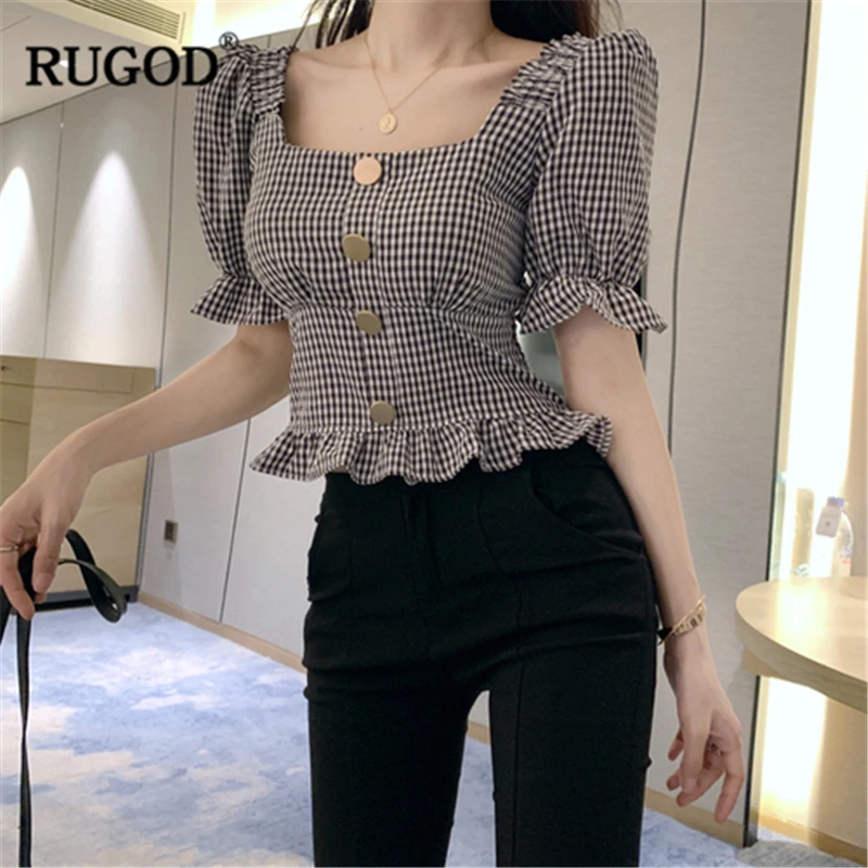 RUGOD 2019 Новая Летняя женская сексуальная клетчатая короткая рубашка с квадратным