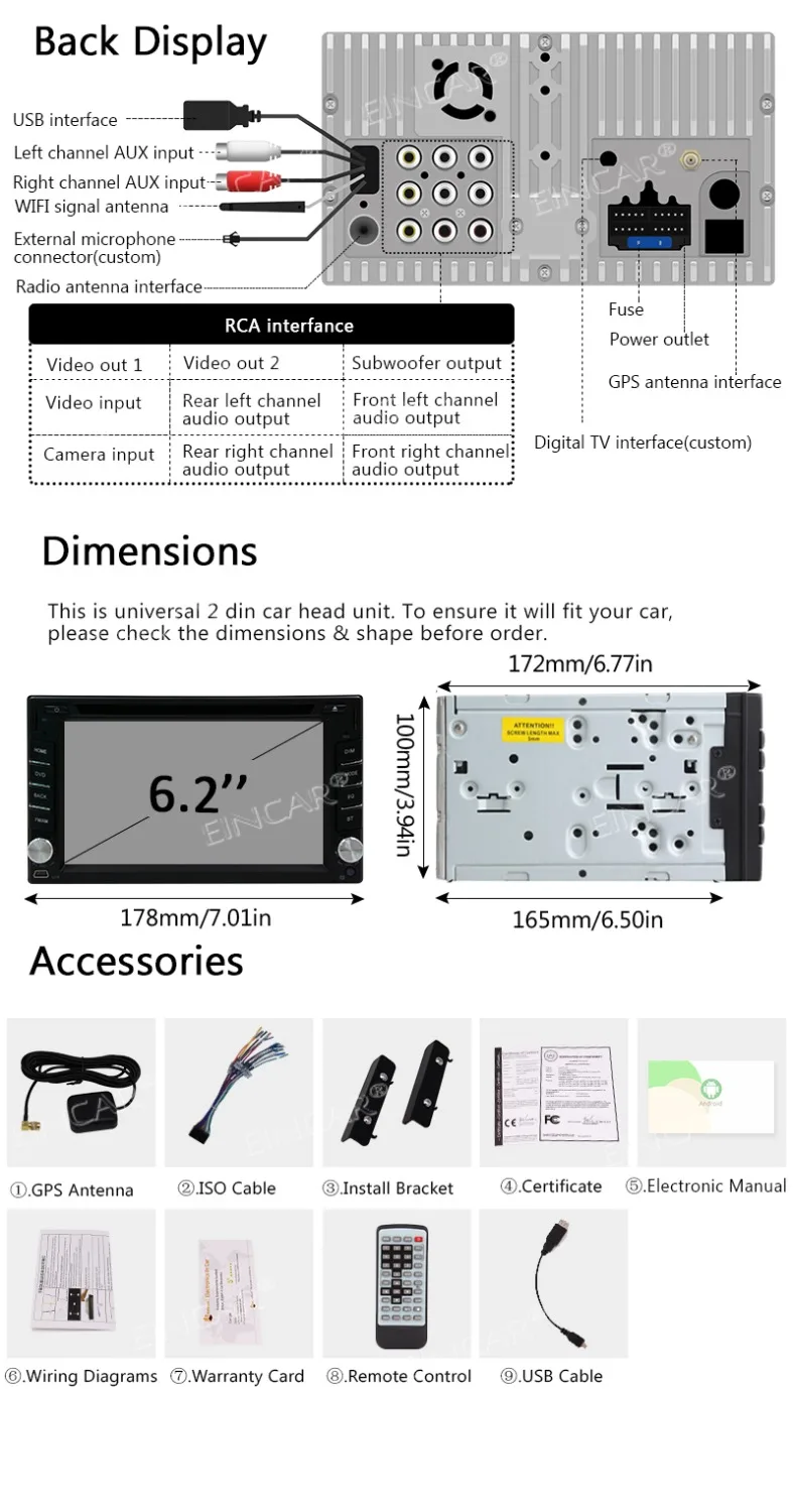 2 Din in dash Touch Screen Head Unit with Bluetooth Wifi Subwoofer Video Outout EinCar 7 inch Full-touch Android 8.1 2din | Автомобили и