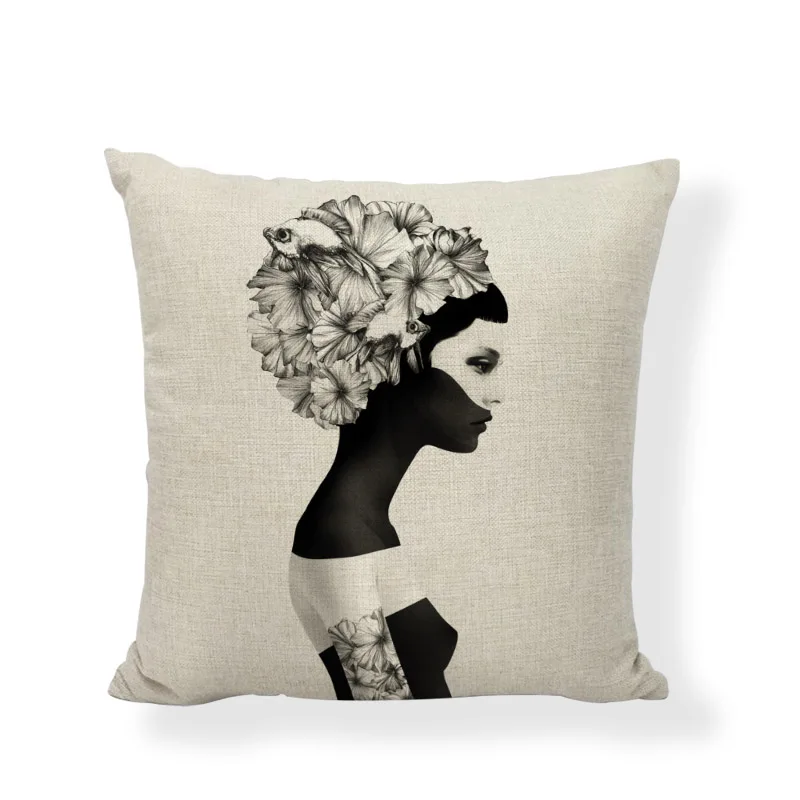 Personality Character Pattern Cushion Set 45 * 45CM Black Flowers Hummingbird Long Hair Short Pillowcase Home Decoration | Дом и сад