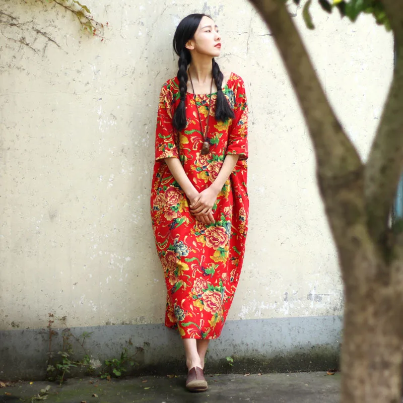 SCUWLINEN Vestidos, женское летнее платье больших размеров, свободное, повседневное, винтажное, с принтом, с коротким рукавом, длинные, вечерние, с цветочным рисунком, льняное платье S04 - Цвет: Red Flower