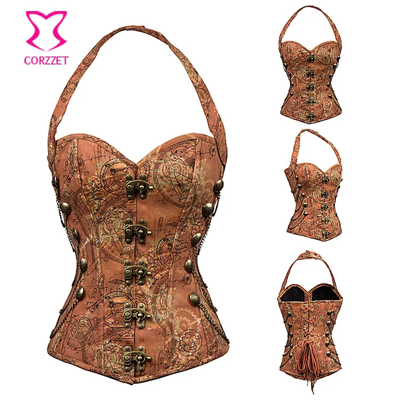 

Brown Print Denim Corsetto Steampunk Corset Gothic Clothing Steel Boned Corsets And Bustiers Vintage Corpetes E Espartilhos Sexy