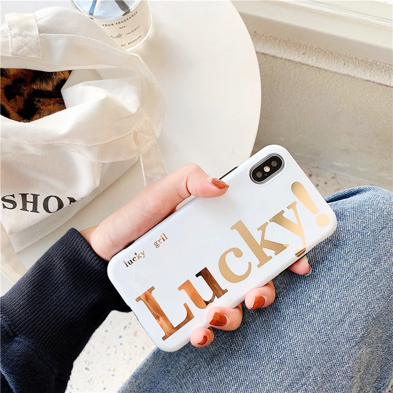 pure color gold stamping lucky Black white soft shell phone Case For Apple iphone 6 6s 7 8 Plus X XS XR MAX |