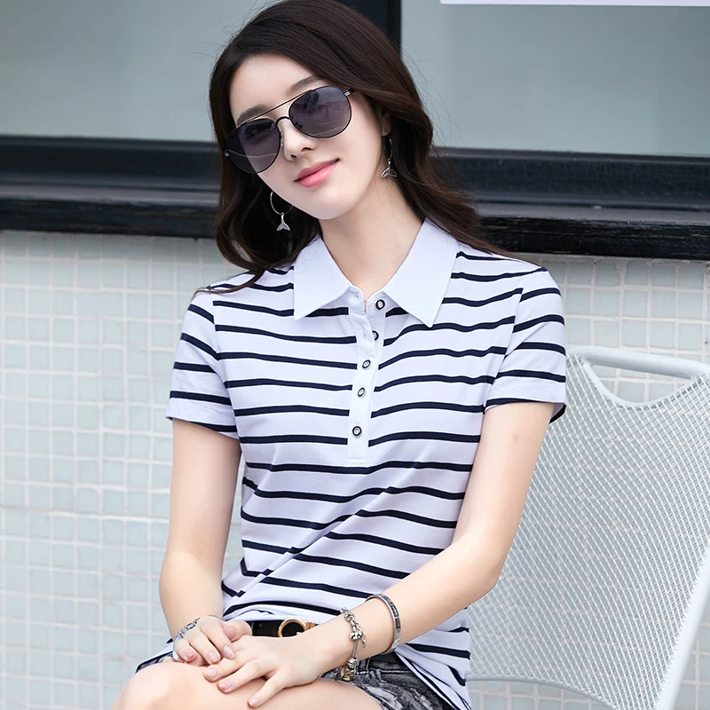 Новые женские рубашки поло хлопок модальные Для женщин Полосатые топы футболки