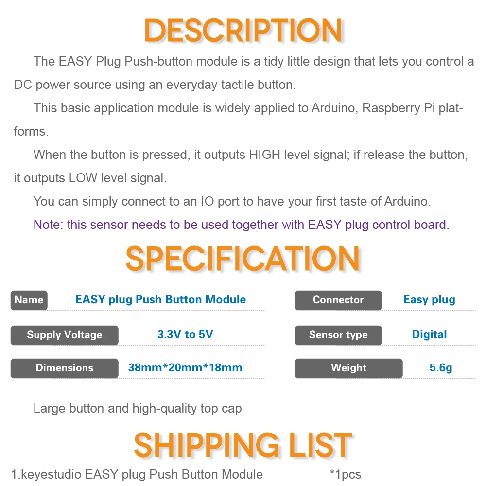 

New! Keyestudio RJ11 EASY Plug Digital Push Button Module for Arduino STEAM