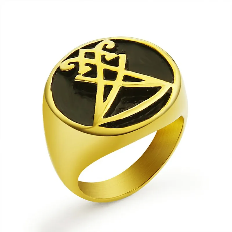 Gold Мужские Кольца из нержавейки sigil of Lucifer уплотнение сатаны символ кольцо ювелирные изделия для мужчин Панк полированный Anillo de los hombres; подарок - Цвет основного камня: Gold