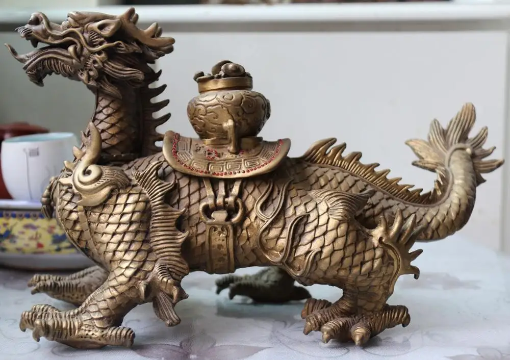 

China Folk Pure Copper Brass Feng Shui Wealth Lucky Dragon Beast Art Statue