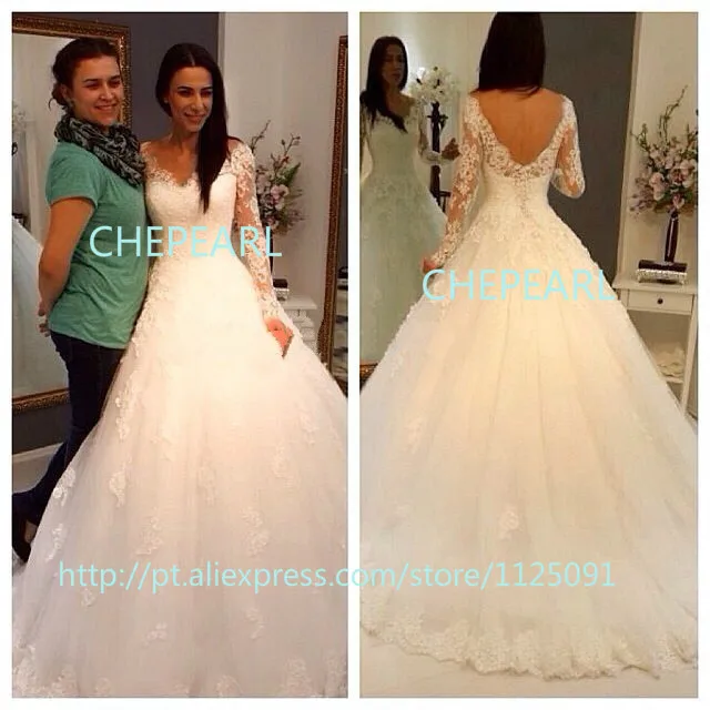 

Vestido De Noiva Cheap Vestido De Festa Longo Sexy Sheer Full Sleeve Zipper Back Tulle Wedding Dress Bridal Gown Casamento