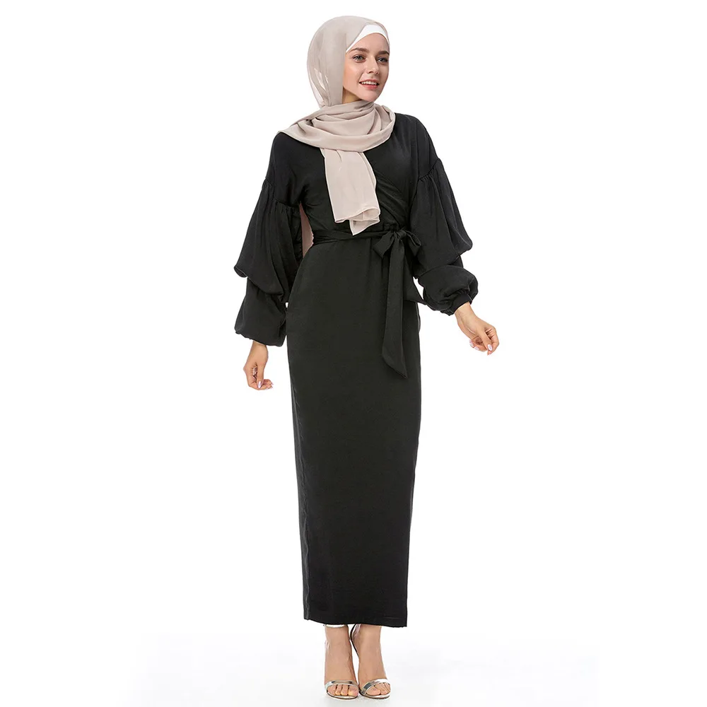 

2019 Fashion Women Muslim Dress V Neck Puff Sleeve Ropa musulmana mujer Turkey Arabic Dubai Abaya Kaftan Hijab Dress Abaya