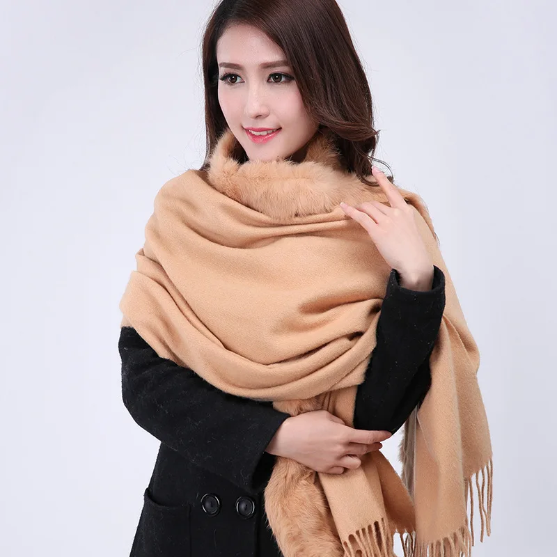

New Burgundy Female 100% Wool Cashmere Pashmina Rabbit Fur Soft Cape Solid Color Muffler Classic Tippet WS007 Size176 x 68cm