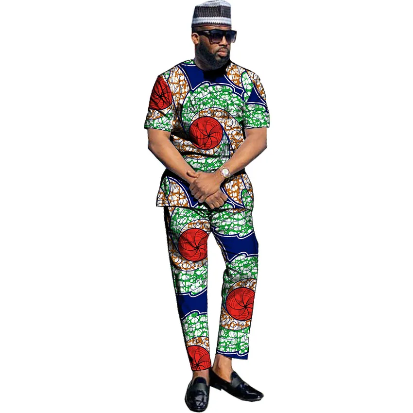 Модный комплект одежды с принтом в африканском стиле для мужчин из топа и брюк