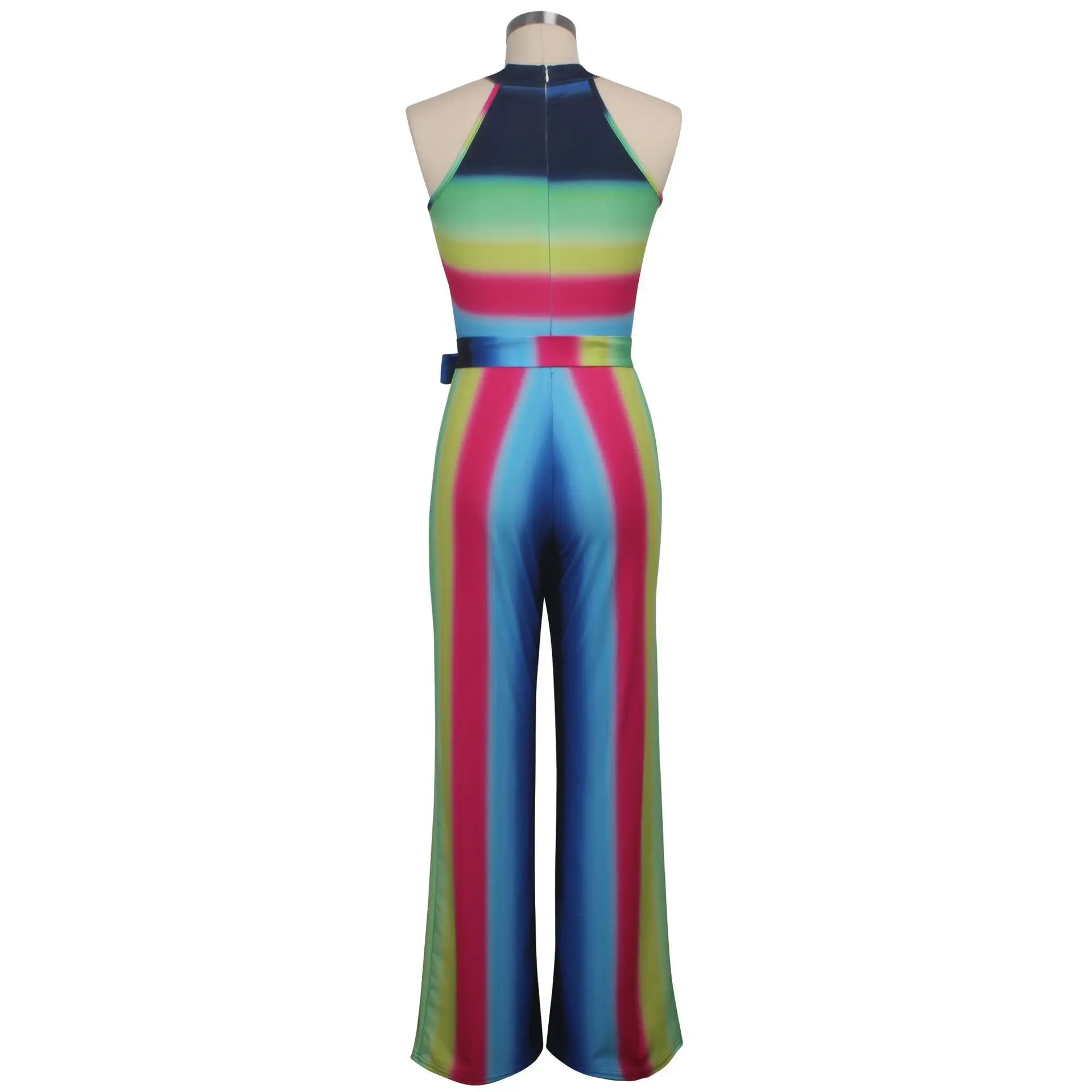 

HAOOHU Women Summer Sleeveless Rainbow Striped Print High Waist Sashes Wide Leg Jumpsuit Club Party Romper Playsuit Plus Size