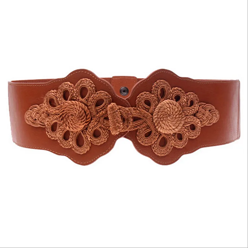

Luxury Women PU Leather Wide Elastic Belts Chinese Style Knitted Floral female Decoration 2 Colors For Women Belt Cummerbunds