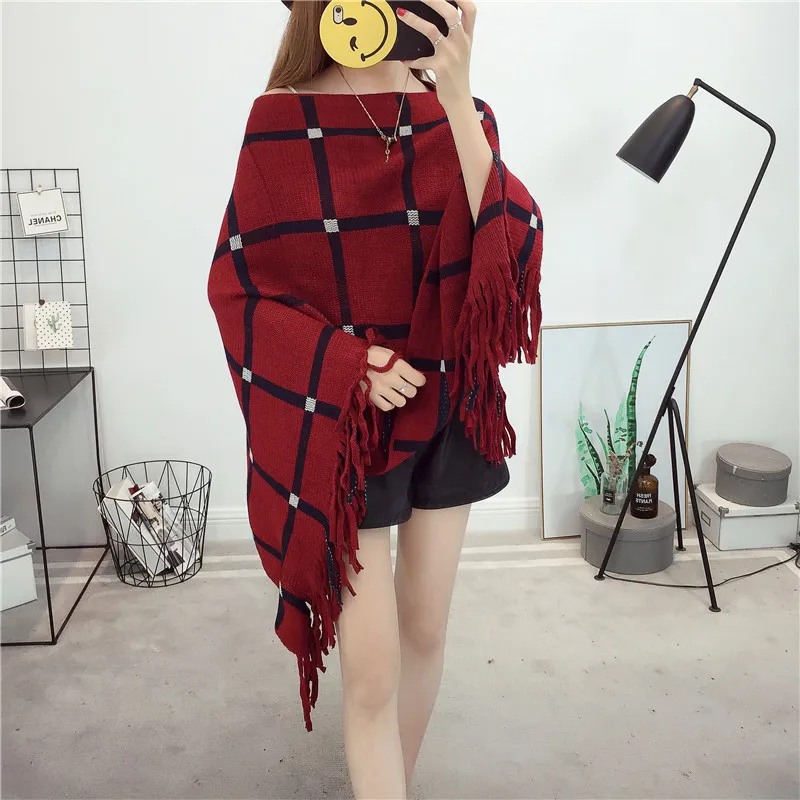 wine red Новые осенние женские пончо и накидки винно-красного цвета с рукавами «летучая мышь», Женский пуловер и свитер, пончо с кисточками, плащ, куртка, пальто, верхняя одежда - Цвет: wine red