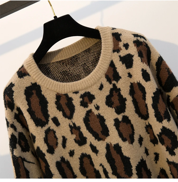HAMALIEL Runway Designer Plus Size Knitted Sweater And Pullovers Fashion Thick Leopard Print Loose Tops Casual Oversize Jumper | Женская