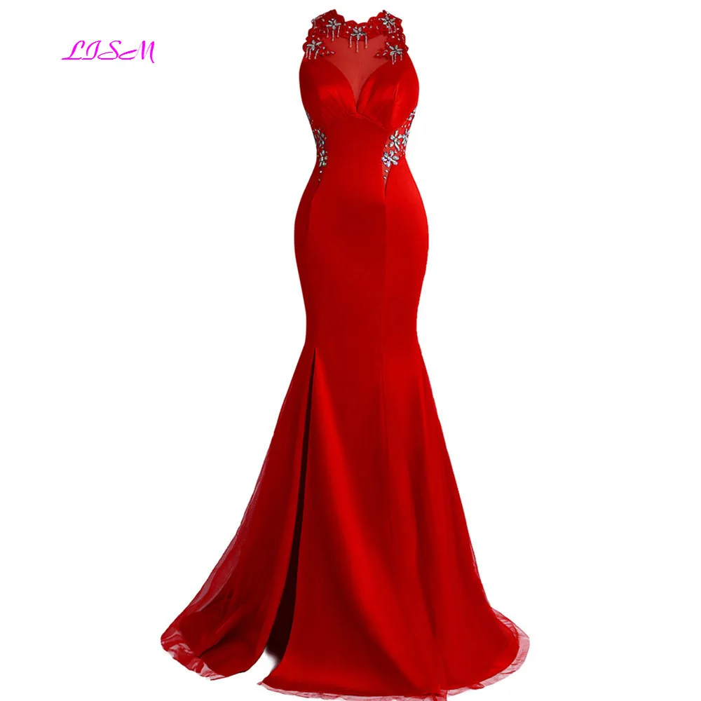 Red Mermaid Long Evening Dress Real Photos Halter Sleeveless Beaded Prom Party Dresses Sexy Split Open Back Formal Gowns | Свадьбы и