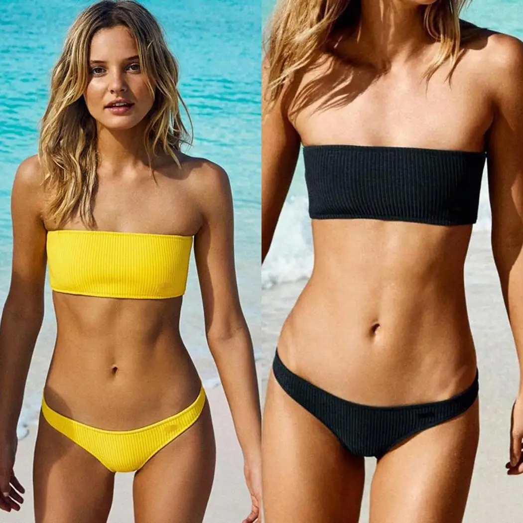 Одноцветный купальник женский комплект бикини Модный летний пуш ап эластичный