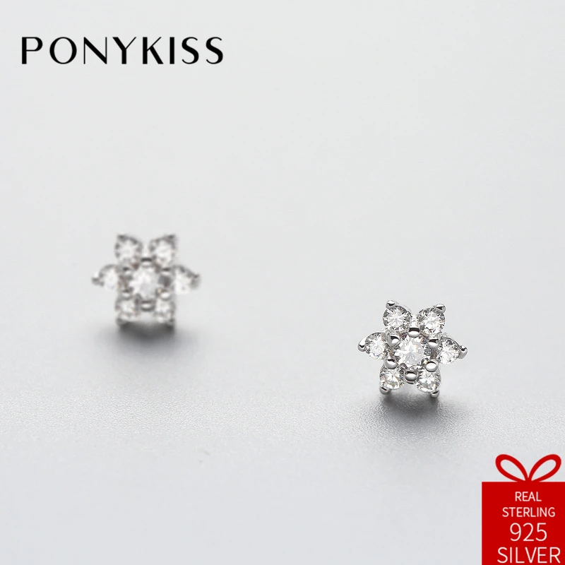 Ponykiss Романтический S925 стерлингового серебра милые циркониевые серьги-гвоздики в виде цветка Для женщин элегантные творческих Юбилей свадебный подарок