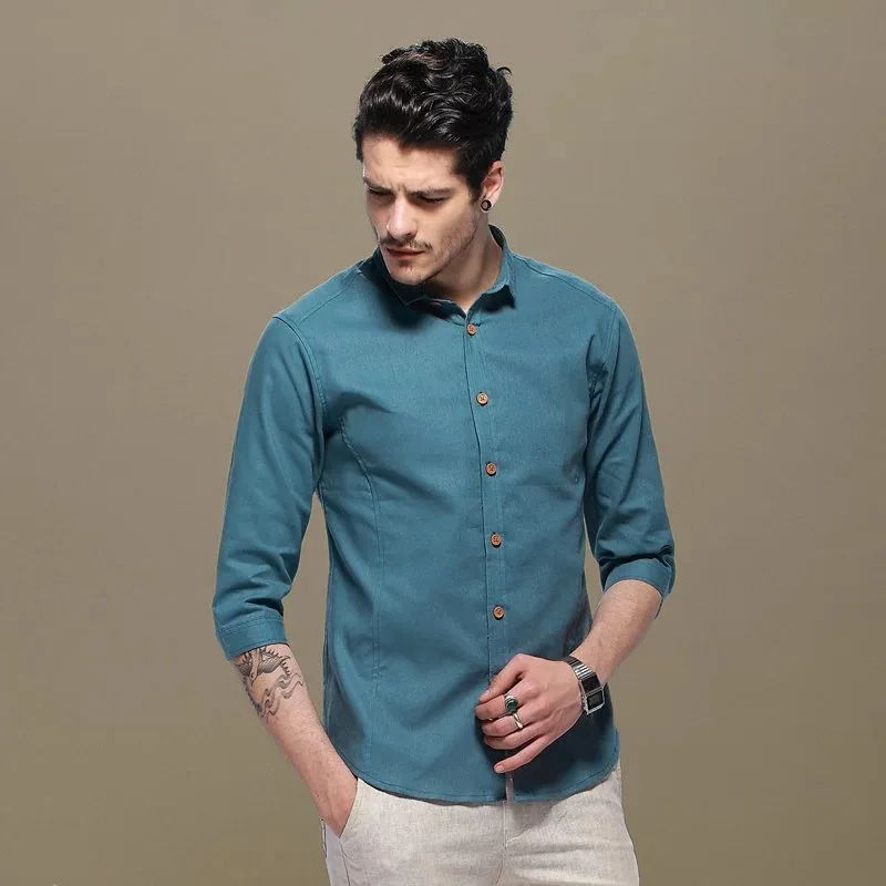 Мужские хлопковые рубашки с рукавом три четверти льняные приталенные мужские