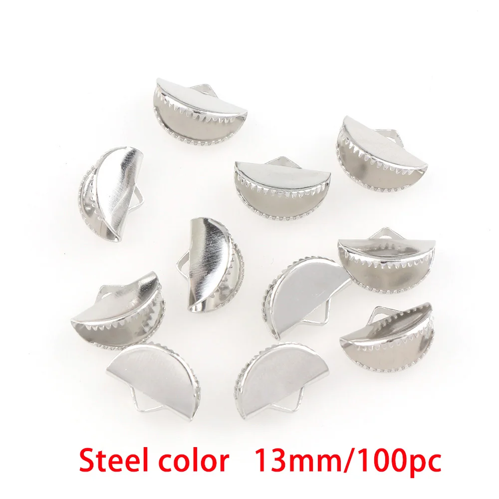 Steel color 100pcs Золото 13/15/20 мм металлический Железный полукруглые разноцветные плоские с Cove застежками шнур с торцевыми крышками затягивающая лента Кожаный Зажим откидной ювелирные соединители обжимные клещи - Цвет: Steel color 100pcs