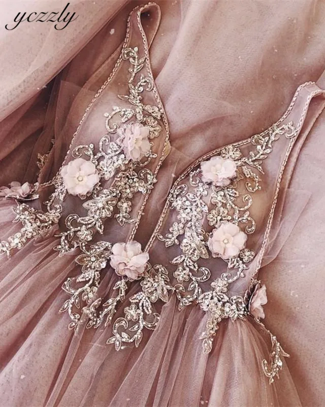 Pink Wedding Dress Sexy A-line V-neck Appliques Flowers Pearls Wedding Gowns Plus Size Long Beach Wedding Dress Robe De Mariee