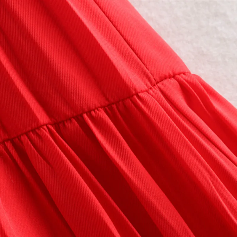 NSZ Для женщин красный длиной макси торт платье лук связали шеи Плиссированные