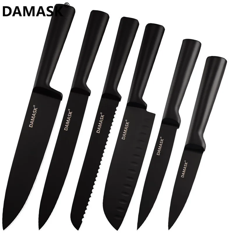 6 pcs set Дамасский черный кухонный нож из нержавеющей стали с покрытием антипригарным острым лезвием, поварские ножи, светильник, набор кухонных ножей с тяжелой ручкой - Цвет: 6 pcs set