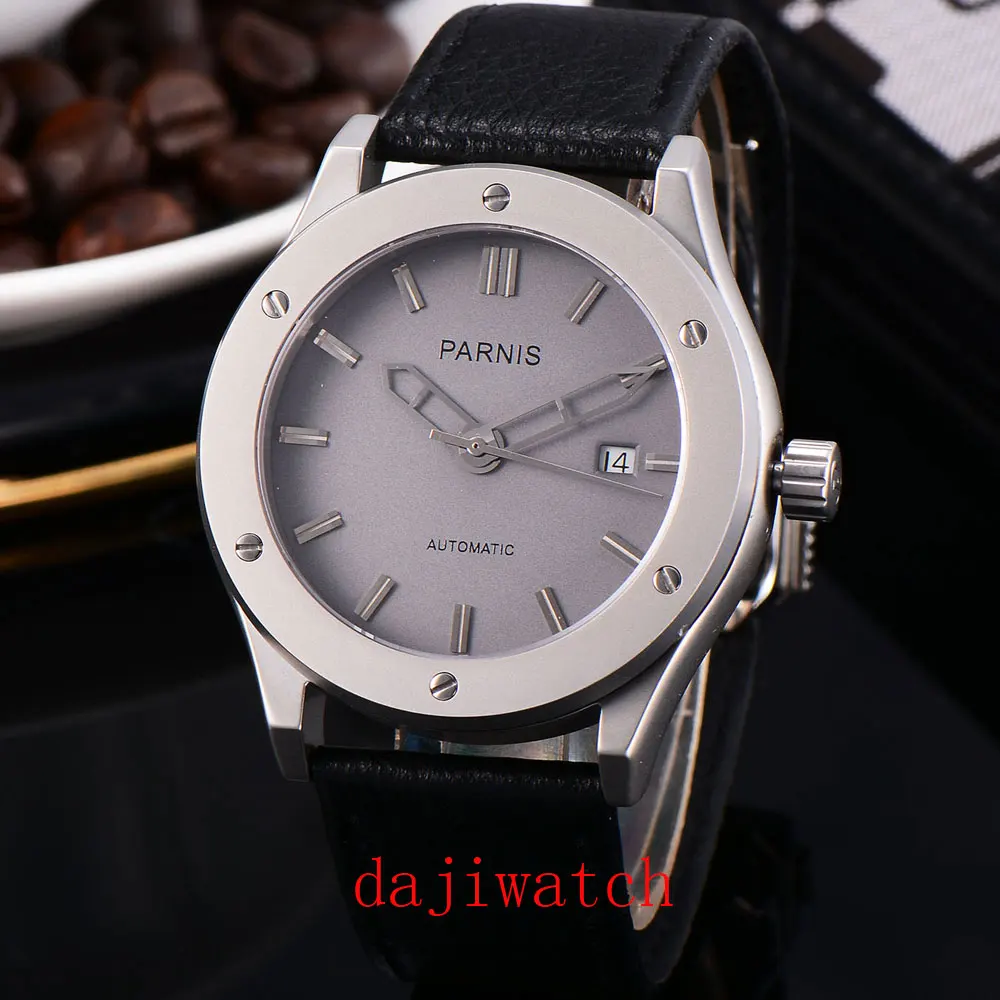 Parnis42mm автоматические механические мужские часы сапфировое стекло черный ободок