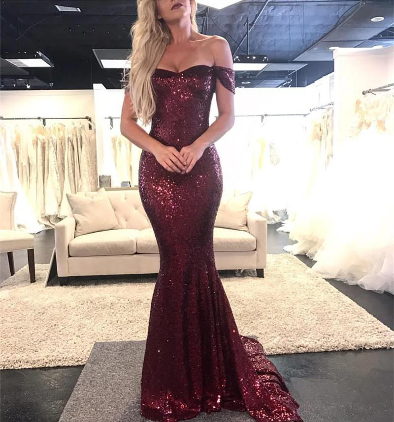 

Robe De Soiree 2021 Sequin Evening Dresses Long Mermaid Off the Shoulder Burgundy Saudi Arabic Women Formal Prom Evening Gown