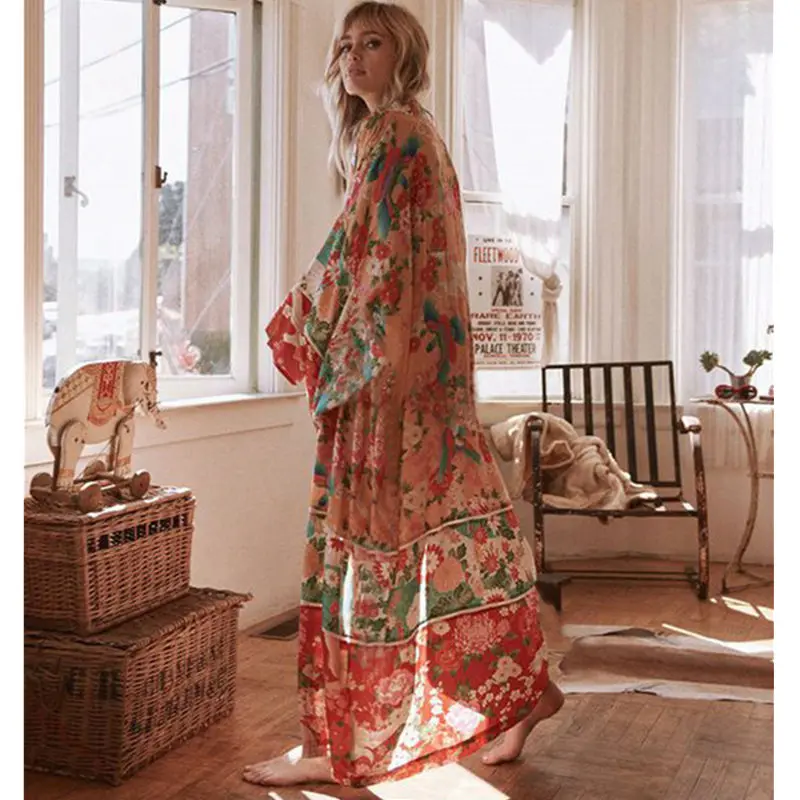 NODELAY 2019 Summer Flower print Bikini Cover Up Loose Beach Dress Women Pareo Long Chiffon Cardigan Kaftan Robe de Plage |