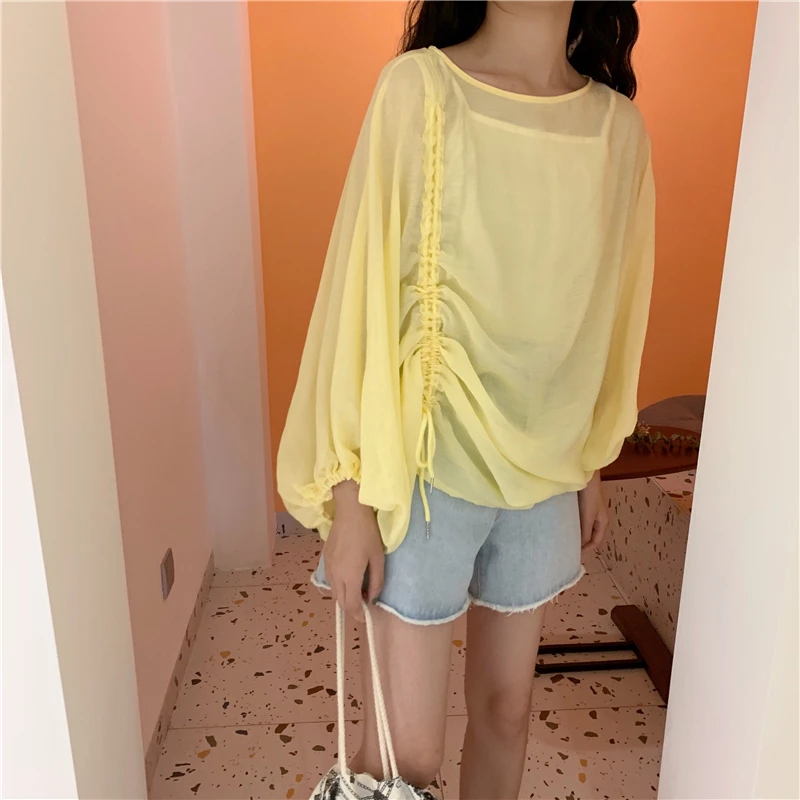 Блузка с длинным рукавом и завязками на шнурке летняя одежда из шифона О-образным