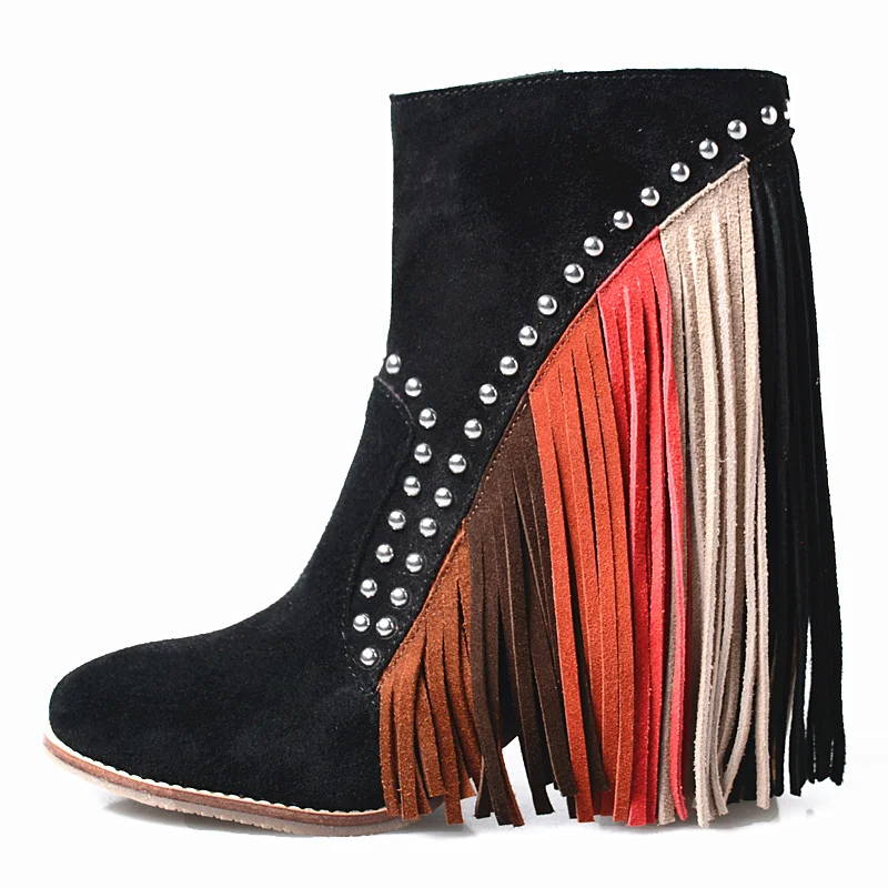 Женские замшевые ботинки с бахромой черные или цвета хаки ботильоны на толстом