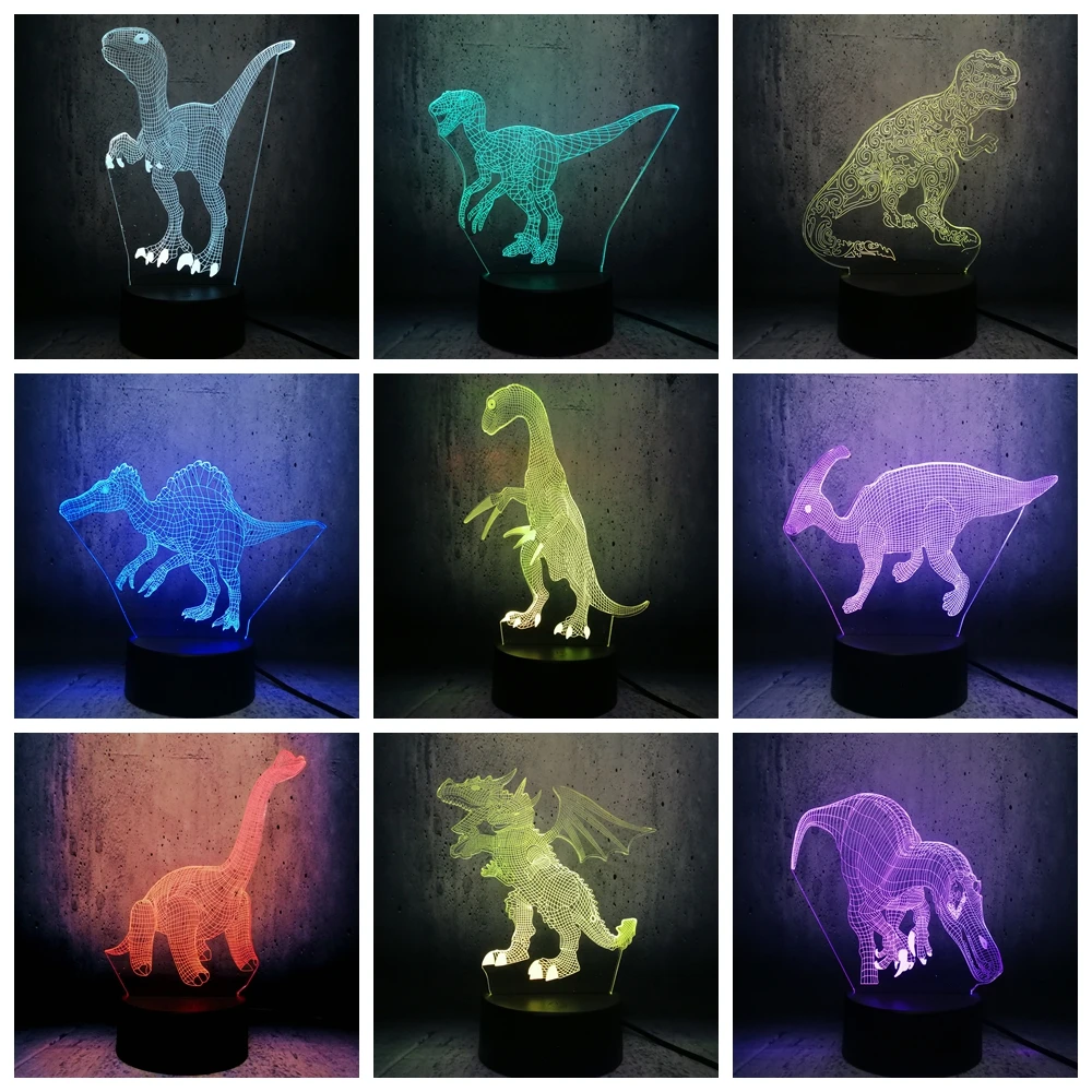 Ночник Парк Юрского периода светодиодный светильник 3D динозавр RGB 7 цветов