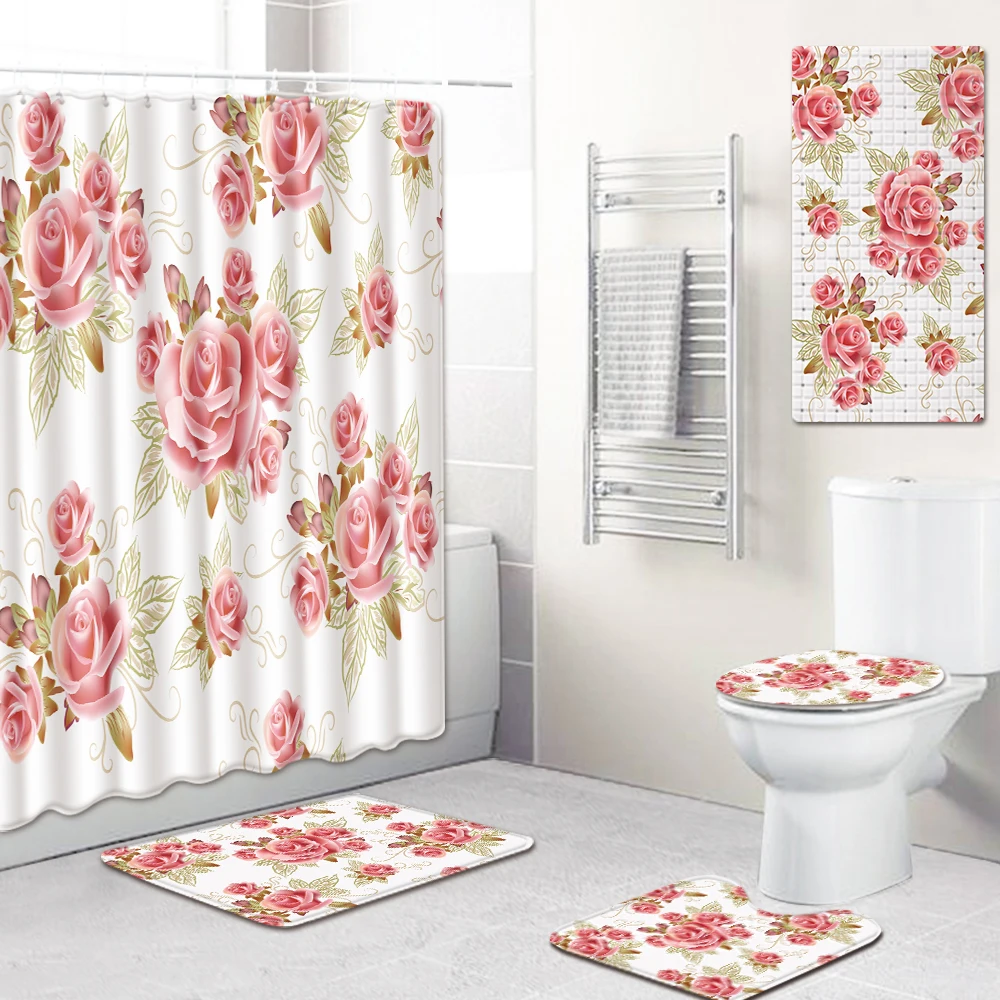 

5pcs Waterproof Bathroom Decor Bath Curtain Non-slip Flannel Toilet Carpet Rugs Bath Mat Set Shower Curtain Set