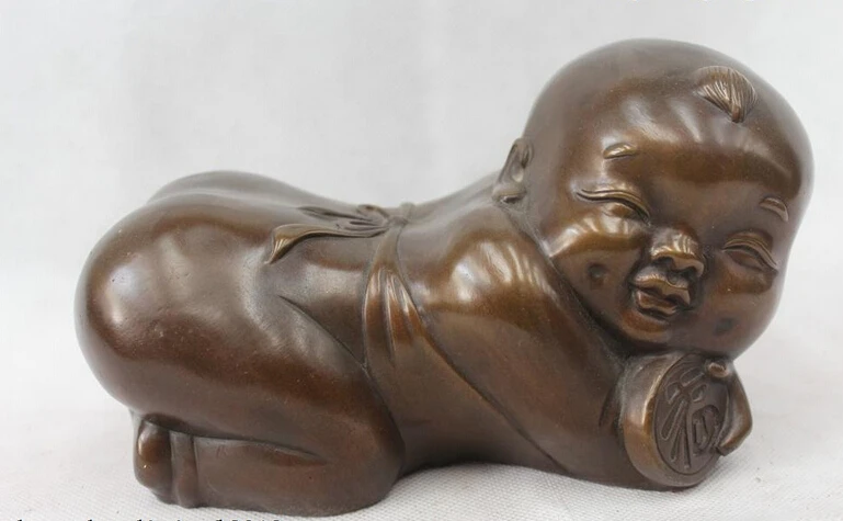 

bi001520 4"China Chinese Folk Bronze Beautiful Lucky happiness Knees Boy Statue