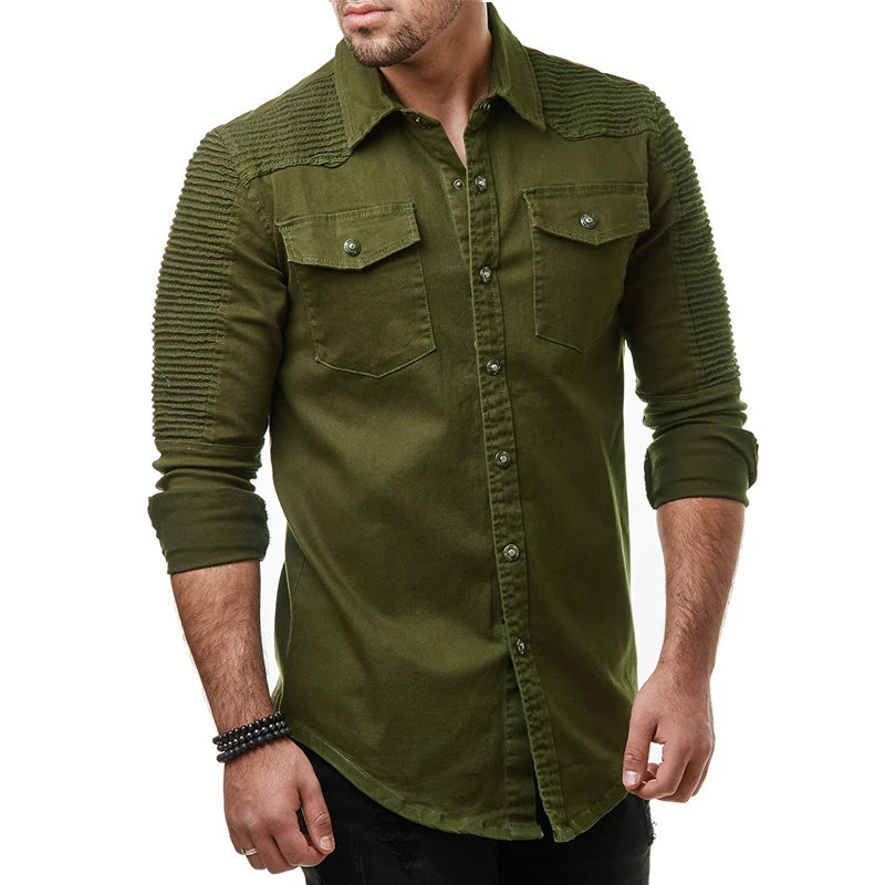 Spring autumn New Men Shirt Long Sleeve Male Shirt Cotton Solid color Fold Mens Shirts Casual Slim Fit Men coat black 3XL