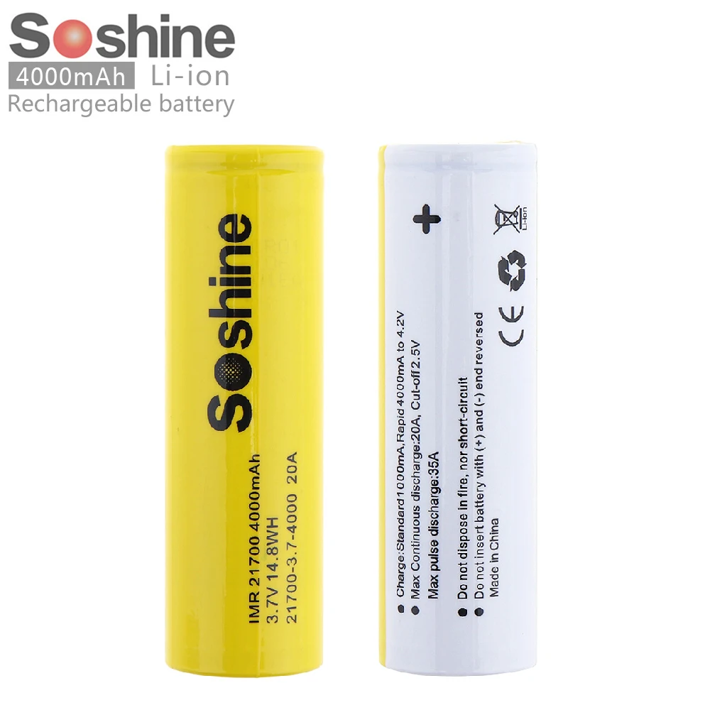 2Pcs Soshine IMR 21700 3.7V 14.8WH 20A 4000mAh Li ion Rechargeable Battery with Safety Relief Valve for Electric Tool /
