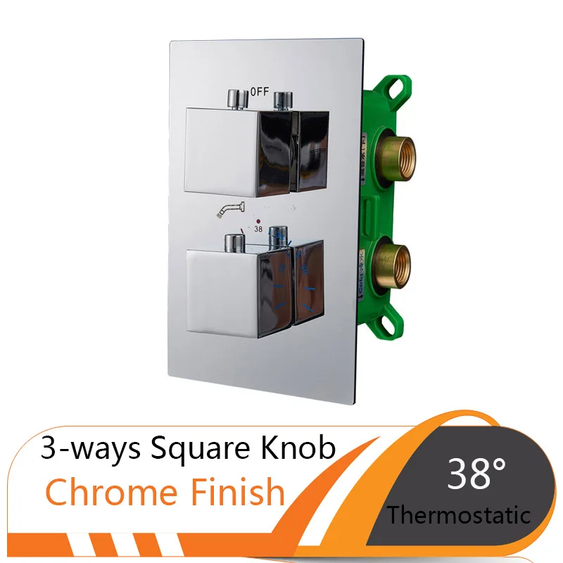 Chrome 3-ways Square Хромированный термостатический смесительный клапан с двойной ручкой контроль температуры душа Contral клапан со скрытой коробкой кран картридж - Цвет: Chrome 3-ways Square